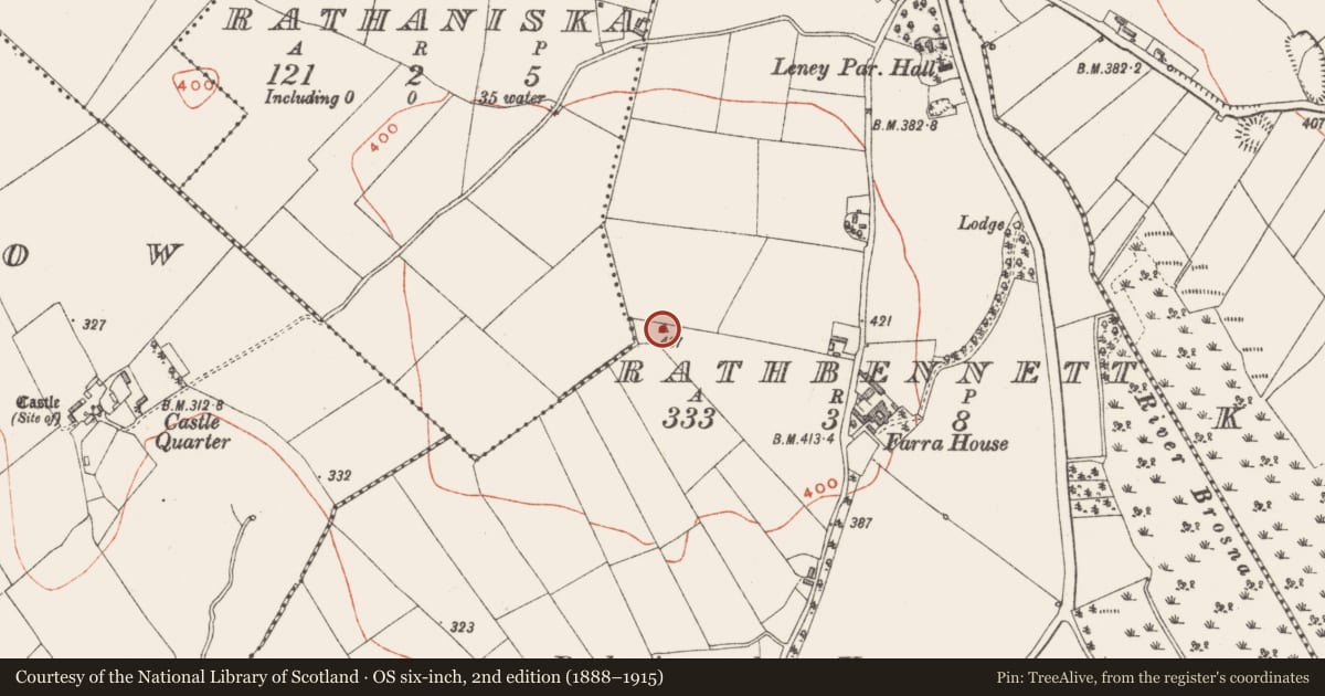 Ordnance Survey six-inch map, 2nd edition (1888–1915) covering the location of Barrow - mound barrow, Rathbennett, County Westmeath, with a pin at the register's coordinates