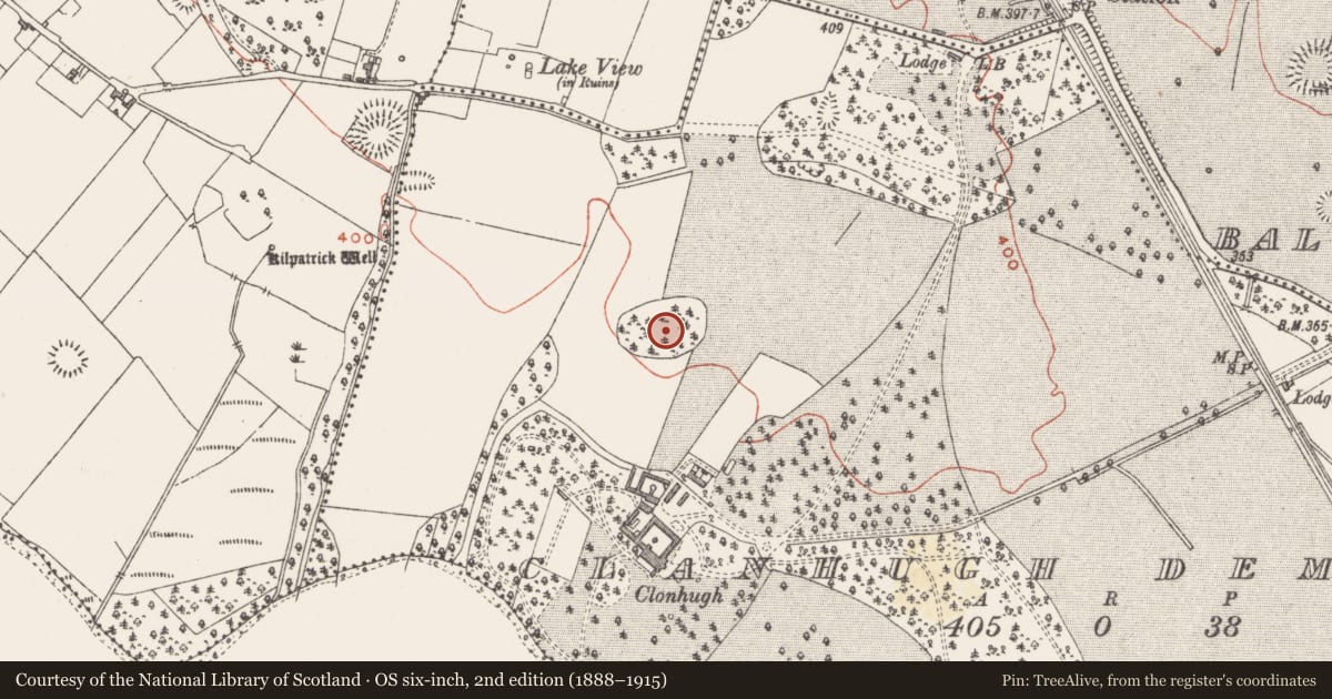 Ordnance Survey six-inch map, 2nd edition (1888–1915) covering the location of Designed landscape - tree-ring, Clanhugh Demesne, County Westmeath, with a pin at the register's coordinates