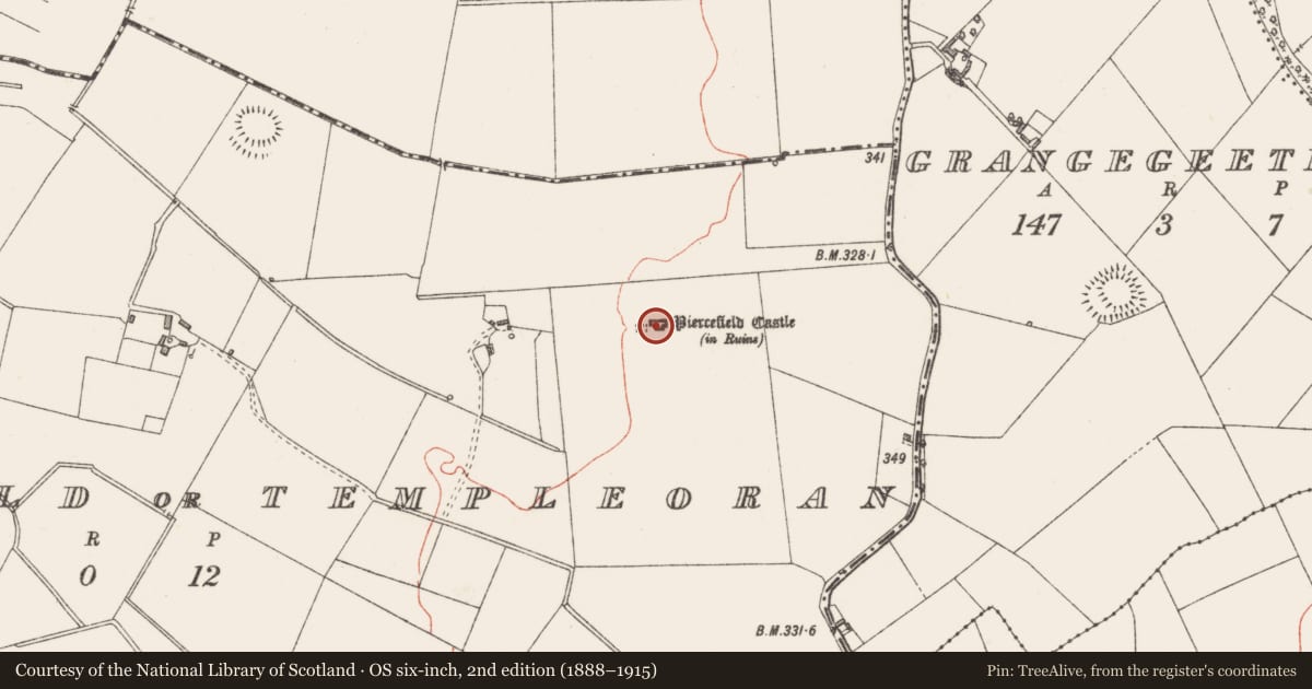 Ordnance Survey six-inch map, 2nd edition (1888–1915) covering the location of House - fortified house, Piercefield Or Templeoran, County Westmeath, with a pin at the register's coordinates