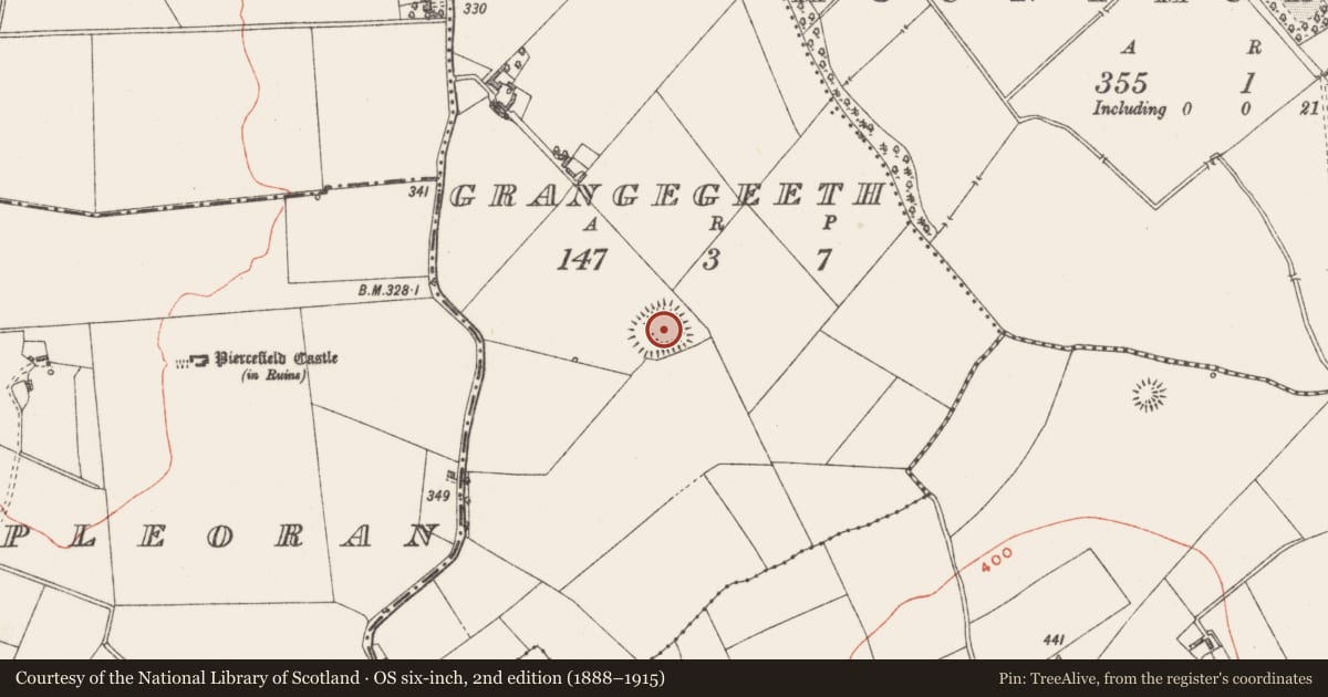 Ordnance Survey six-inch map, 2nd edition (1888–1915) covering the location of Moated site, Grangegeeth, County Westmeath, with a pin at the register's coordinates
