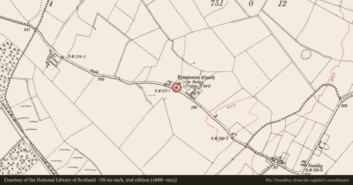 Ordnance Survey six-inch map, 2nd edition (1888–1915) covering the location of Ecclesiastical enclosure, Piercefield Or Templeoran, County Westmeath, with a pin at the register's coordinates