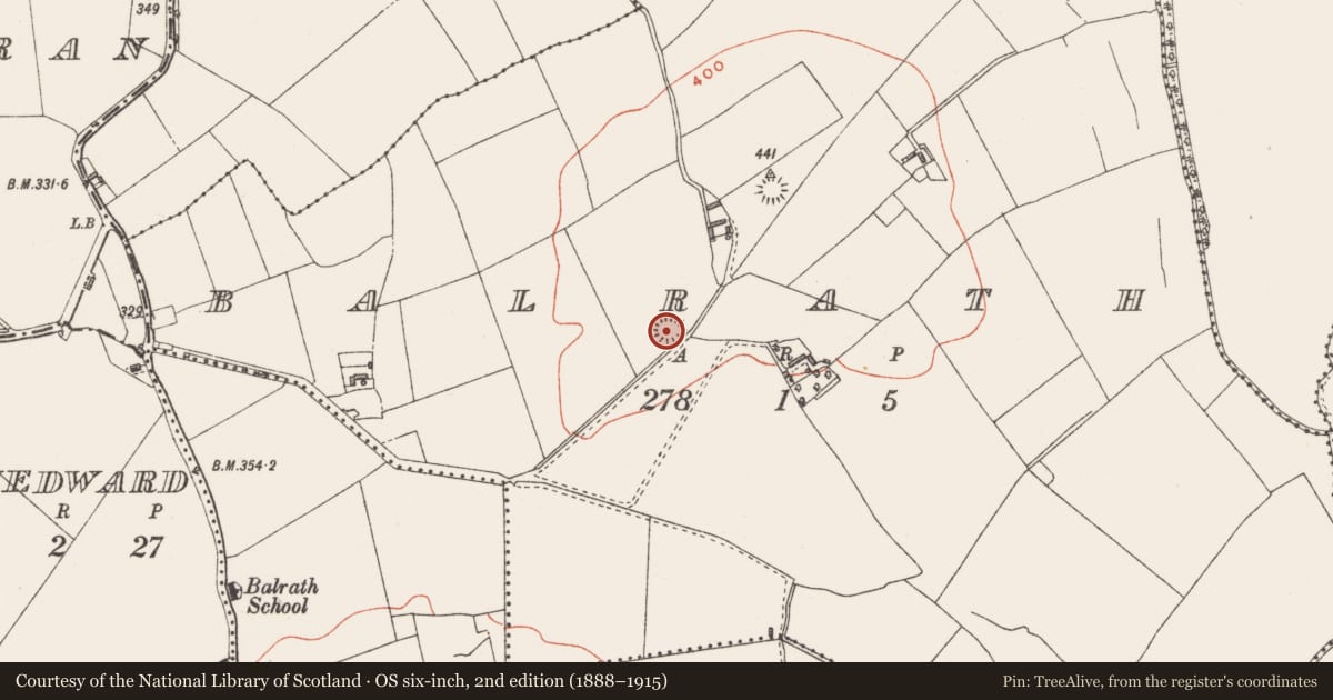 Ordnance Survey six-inch map, 2nd edition (1888–1915) covering the location of Barrow - ring-barrow, Balrath, County Westmeath, with a pin at the register's coordinates