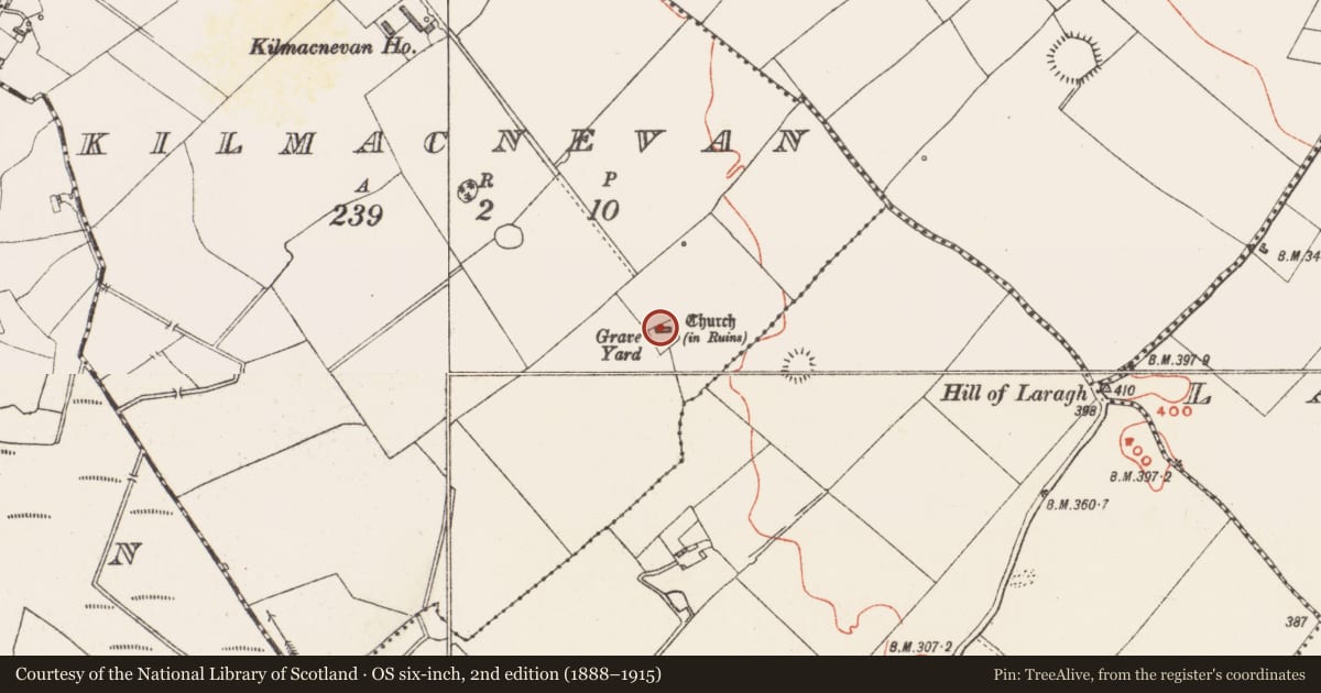 Ordnance Survey six-inch map, 2nd edition (1888–1915) covering the location of Church, Kilmacnevan, County Westmeath, with a pin at the register's coordinates