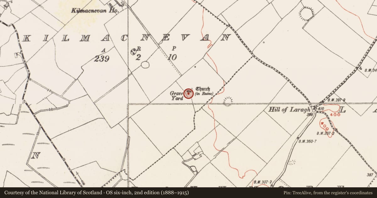 Ordnance Survey six-inch map, 2nd edition (1888–1915) covering the location of Graveyard, Kilmacnevan, County Westmeath, with a pin at the register's coordinates