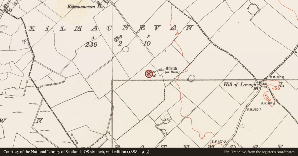Ordnance Survey six-inch map, 2nd edition (1888–1915) covering the location of Ecclesiastical enclosure, Kilmacnevan, County Westmeath, with a pin at the register's coordinates
