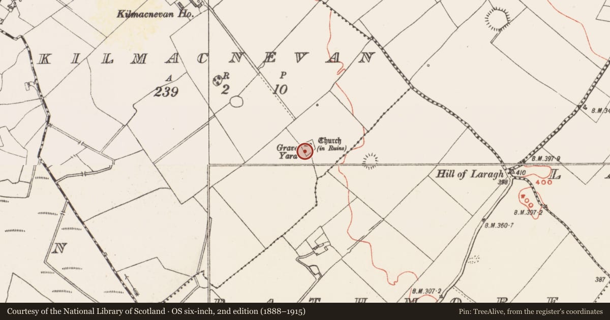 Ordnance Survey six-inch map, 2nd edition (1888–1915) covering the location of Bullaun stone, Kilmacnevan, County Westmeath, with a pin at the register's coordinates