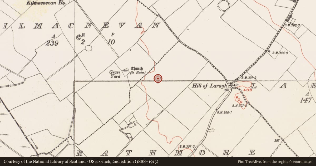 Ordnance Survey six-inch map, 2nd edition (1888–1915) covering the location of Hut site, Rathmore, County Westmeath, with a pin at the register's coordinates