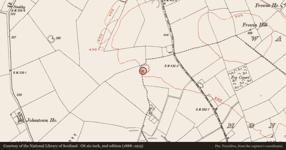 Ordnance Survey six-inch map, 2nd edition (1888–1915) covering the location of Hut site, Monroe Or Johnstown (Nugent), County Westmeath, with a pin at the register's coordinates