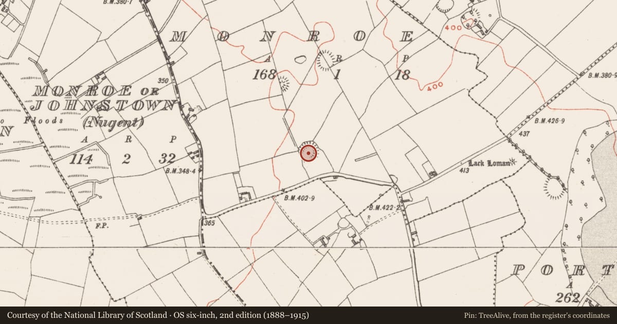 Ordnance Survey six-inch map, 2nd edition (1888–1915) covering the location of Ringfort - rath, Monroe, County Westmeath, with a pin at the register's coordinates