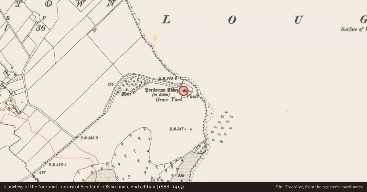 Ordnance Survey six-inch map, 2nd edition (1888–1915) covering the location of Cross-inscribed stone, Portloman, County Westmeath, with a pin at the register's coordinates
