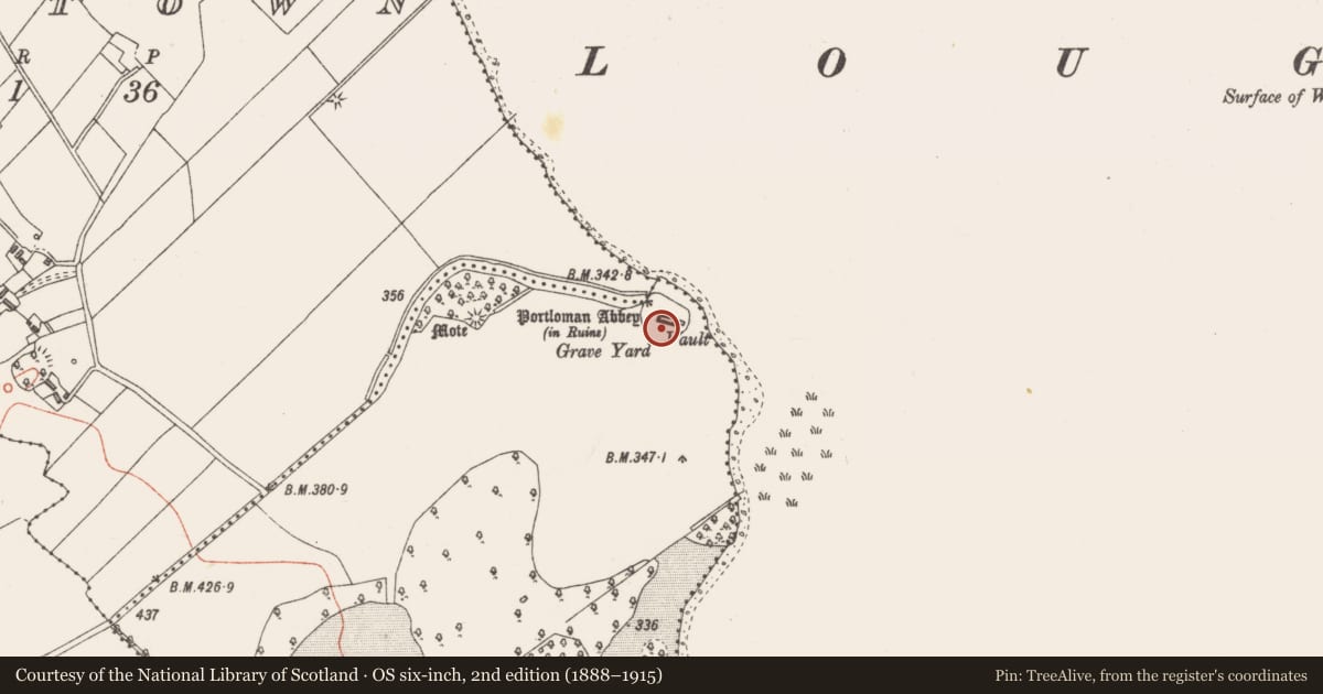 Ordnance Survey six-inch map, 2nd edition (1888–1915) covering the location of Graveyard, Portloman, County Westmeath, with a pin at the register's coordinates