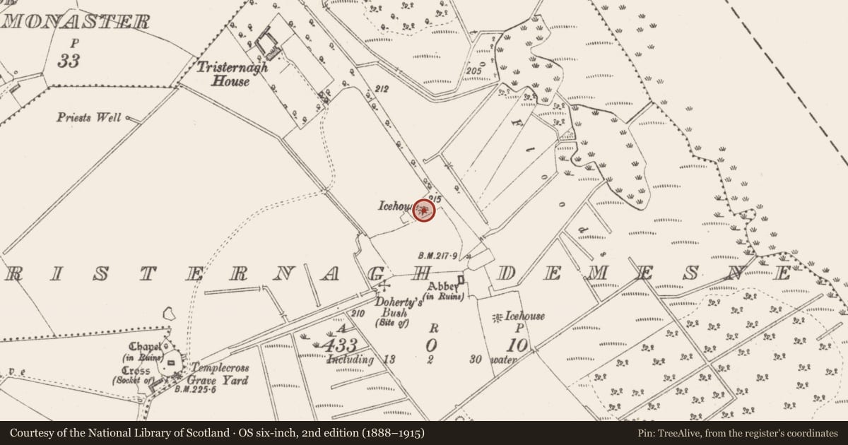Ordnance Survey six-inch map, 2nd edition (1888–1915) covering the location of Icehouse, Tristernagh Demesne, County Westmeath, with a pin at the register's coordinates