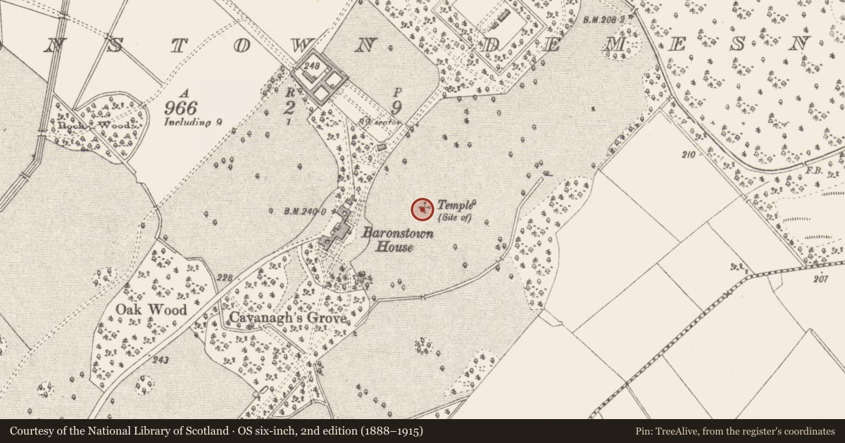 Ordnance Survey six-inch map, 2nd edition (1888–1915) covering the location of Designed landscape feature, Baronstown Demesne, County Westmeath, with a pin at the register's coordinates
