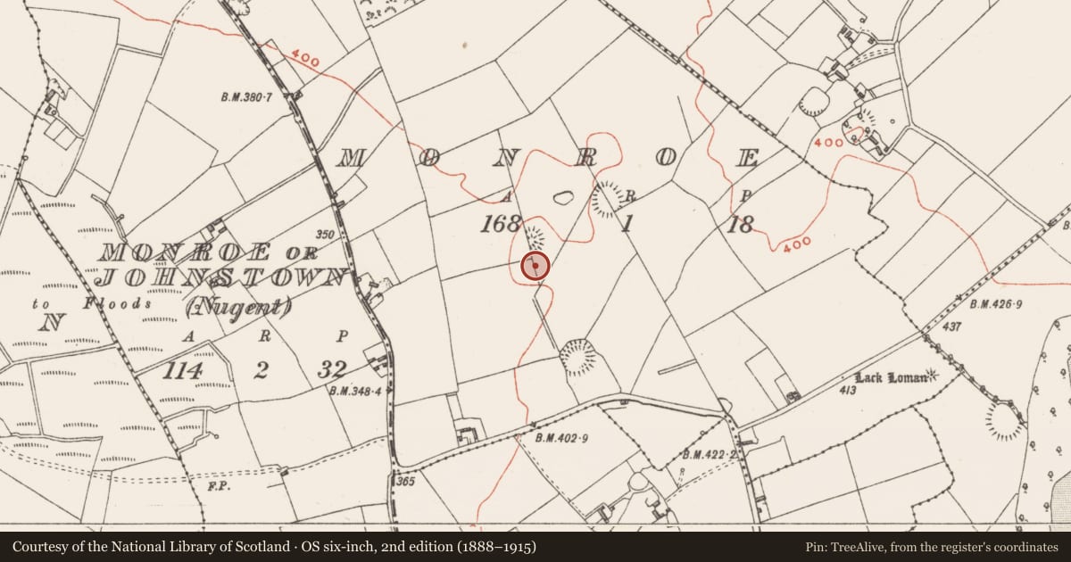 Ordnance Survey six-inch map, 2nd edition (1888–1915) covering the location of Barrow - stepped barrow, Monroe, County Westmeath, with a pin at the register's coordinates