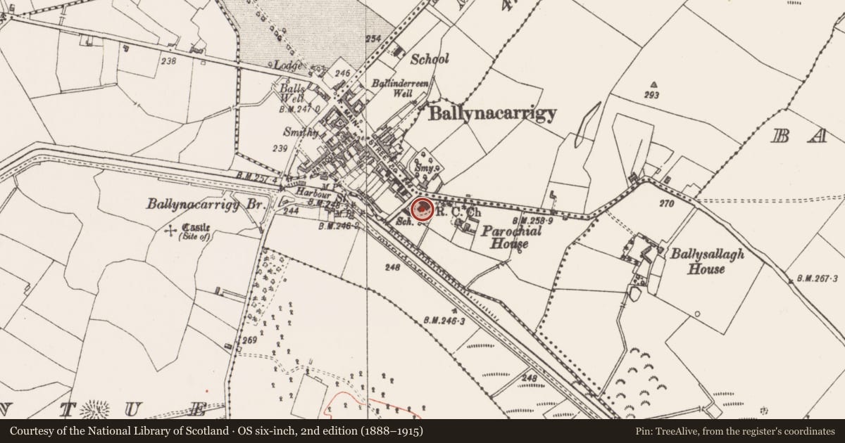 Ordnance Survey six-inch map, 2nd edition (1888–1915) covering the location of Font (present location), Ballynacarrigy, County Westmeath, with a pin at the register's coordinates