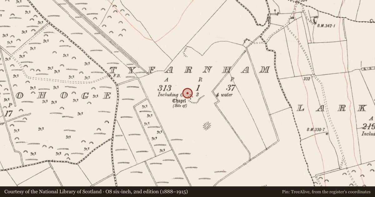 Ordnance Survey six-inch map, 2nd edition (1888–1915) covering the location of Church, Tyfarnham, County Westmeath, with a pin at the register's coordinates