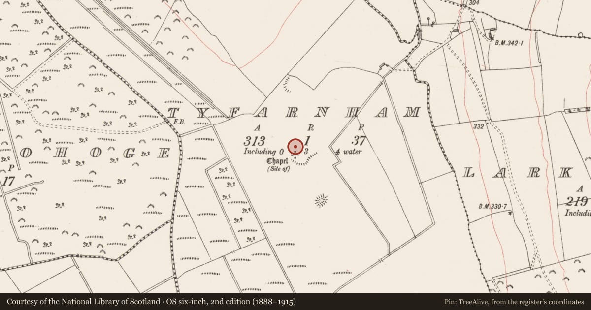 Ordnance Survey six-inch map, 2nd edition (1888–1915) covering the location of Churchyard, Tyfarnham, County Westmeath, with a pin at the register's coordinates
