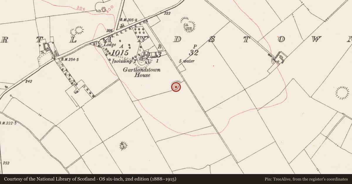 Ordnance Survey six-inch map, 2nd edition (1888–1915) covering the location of Designed landscape - tree-ring, Gartlandstown, County Westmeath, with a pin at the register's coordinates