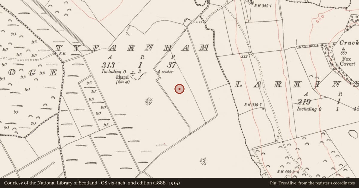 Ordnance Survey six-inch map, 2nd edition (1888–1915) covering the location of Earthwork, Tyfarnham, County Westmeath, with a pin at the register's coordinates