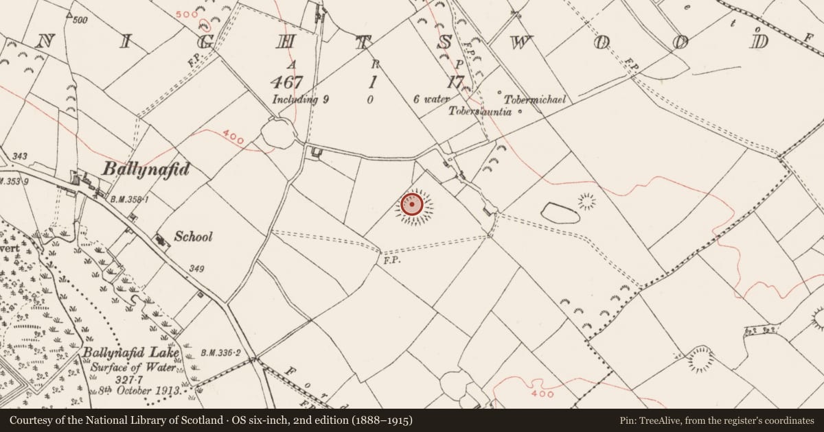 Ordnance Survey six-inch map, 2nd edition (1888–1915) covering the location of Ceremonial enclosure, Knightswood, County Westmeath, with a pin at the register's coordinates