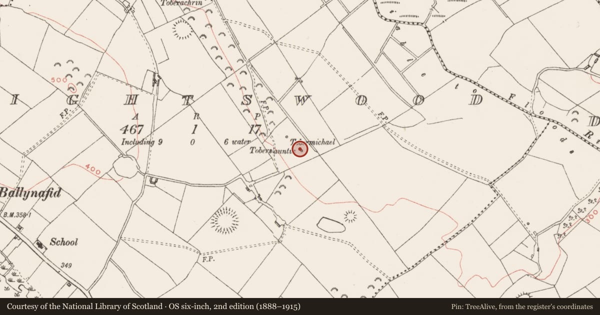 Ordnance Survey six-inch map, 2nd edition (1888–1915) covering the location of Ritual site - holy well, Knightswood, County Westmeath, with a pin at the register's coordinates