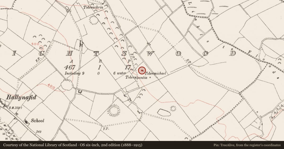 Ordnance Survey six-inch map, 2nd edition (1888–1915) covering the location of Ritual site - holy well, Knightswood, County Westmeath, with a pin at the register's coordinates