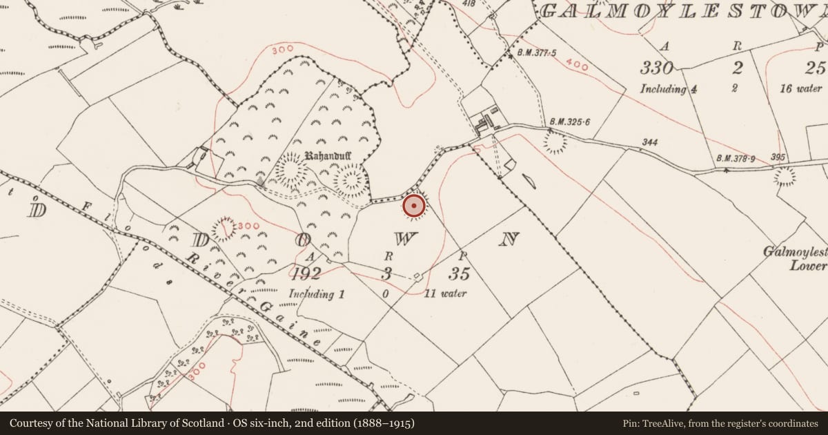 Ordnance Survey six-inch map, 2nd edition (1888–1915) covering the location of Moated site, Down, County Westmeath, with a pin at the register's coordinates