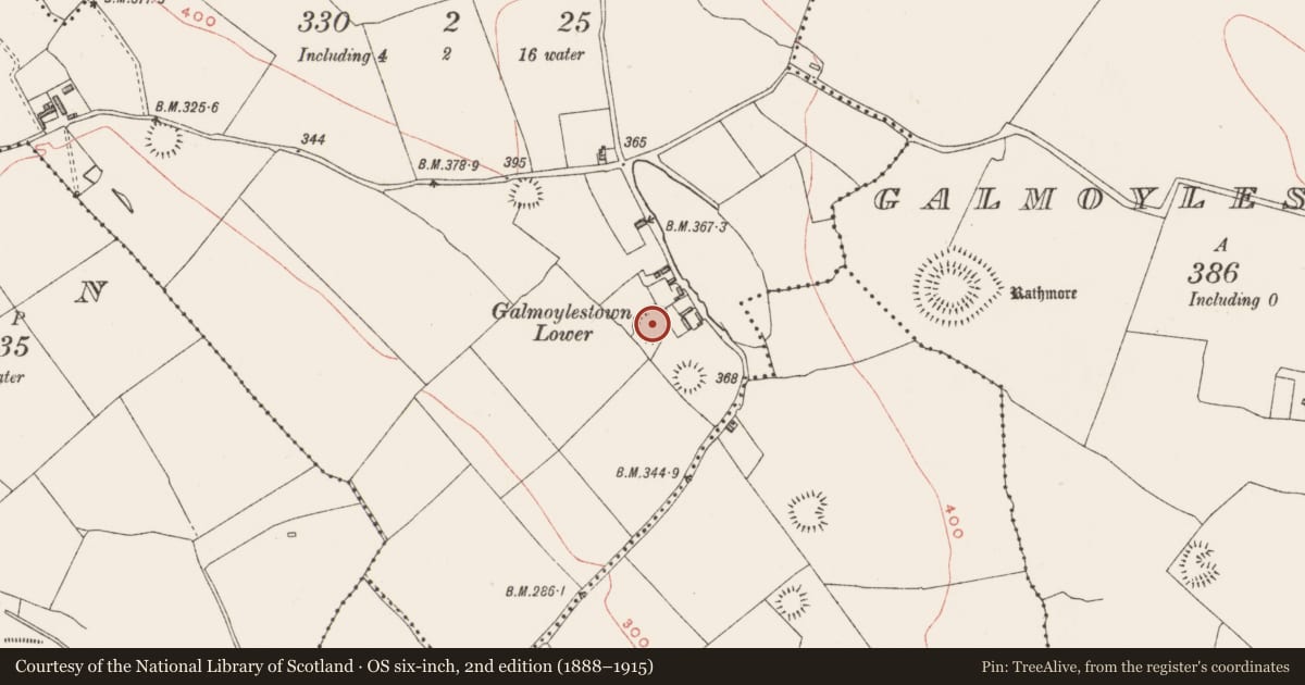 Ordnance Survey six-inch map, 2nd edition (1888–1915) covering the location of Ringfort - rath, Galmoylestown Lower, County Westmeath, with a pin at the register's coordinates