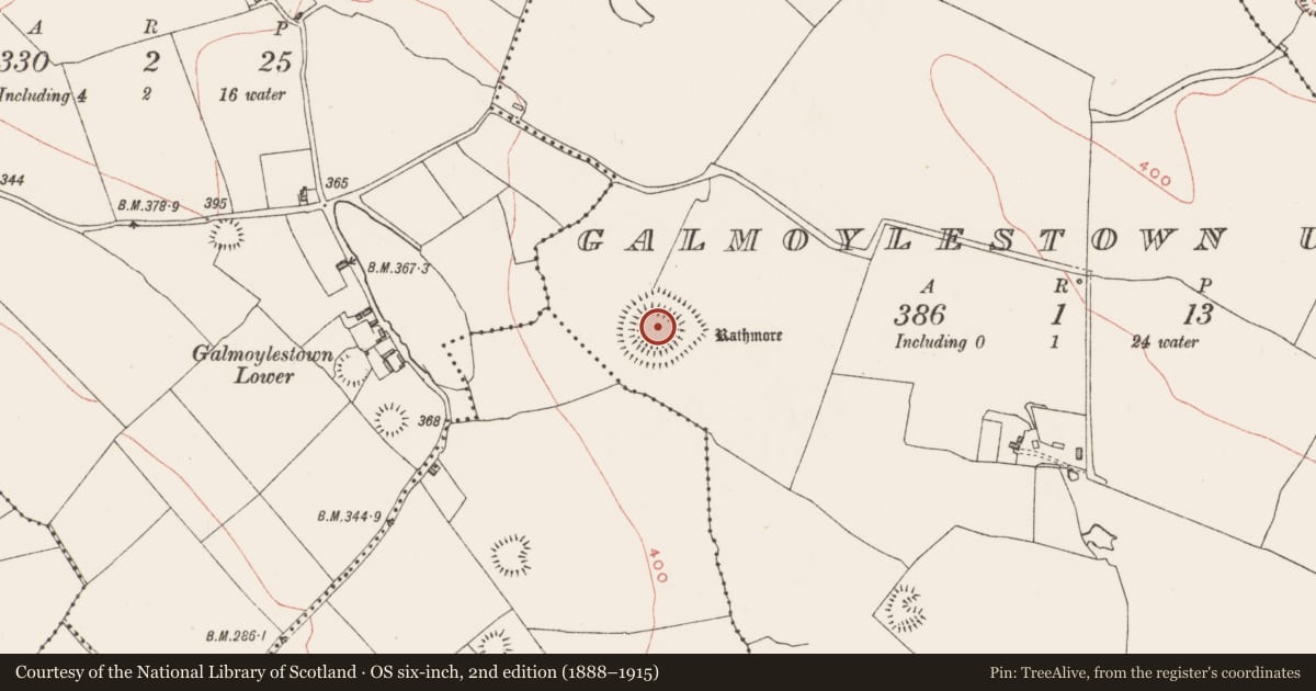 Ordnance Survey six-inch map, 2nd edition (1888–1915) covering the location of Ringfort - rath, Galmoylestown Upper, County Westmeath, with a pin at the register's coordinates