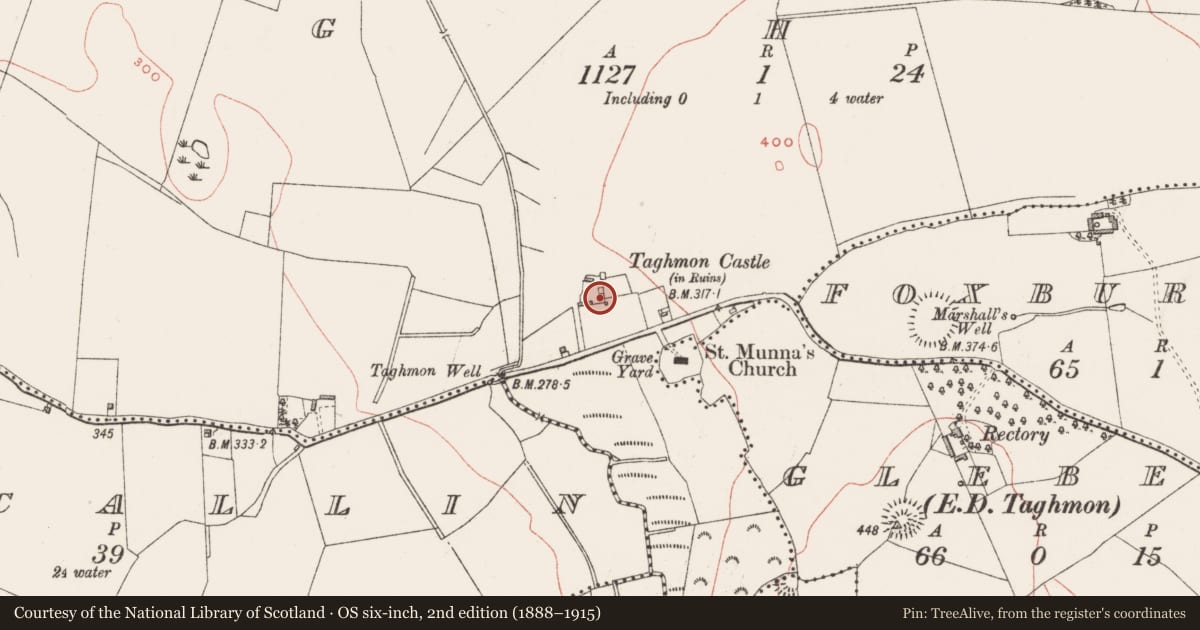 Ordnance Survey six-inch map, 2nd edition (1888–1915) covering the location of Castle - tower house, Taghmon, County Westmeath, with a pin at the register's coordinates