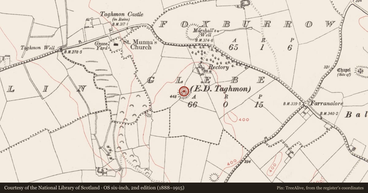 Ordnance Survey six-inch map, 2nd edition (1888–1915) covering the location of Castle - motte and bailey, Glebe, County Westmeath, with a pin at the register's coordinates