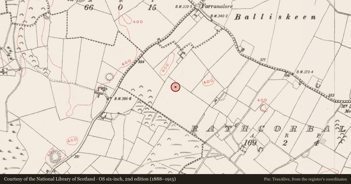 Ordnance Survey six-inch map, 2nd edition (1888–1915) covering the location of Ringfort - rath, Rathcorbally, County Westmeath, with a pin at the register's coordinates