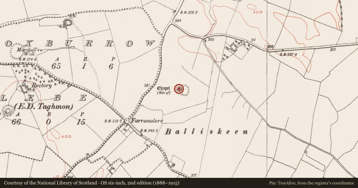Ordnance Survey six-inch map, 2nd edition (1888–1915) covering the location of Chapel, Taghmon, County Westmeath, with a pin at the register's coordinates