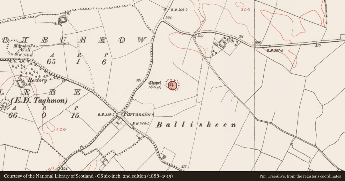 Ordnance Survey six-inch map, 2nd edition (1888–1915) covering the location of Ecclesiastical enclosure, Taghmon, County Westmeath, with a pin at the register's coordinates