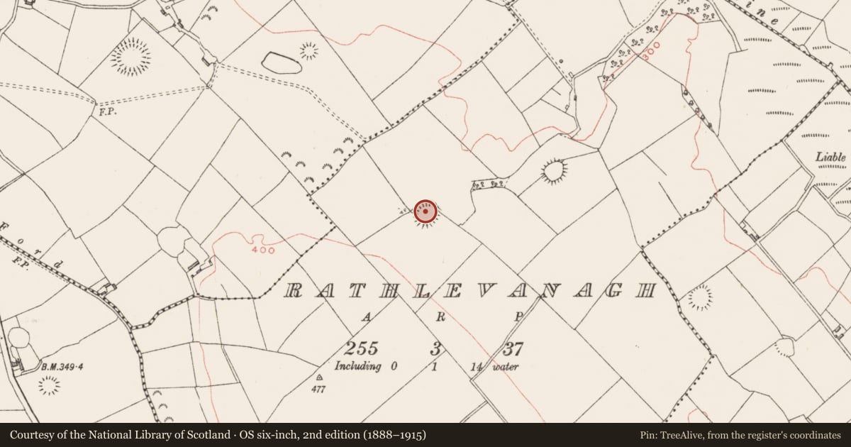 Ordnance Survey six-inch map, 2nd edition (1888–1915) covering the location of Ringfort - rath, Rathlevanagh, County Westmeath, with a pin at the register's coordinates