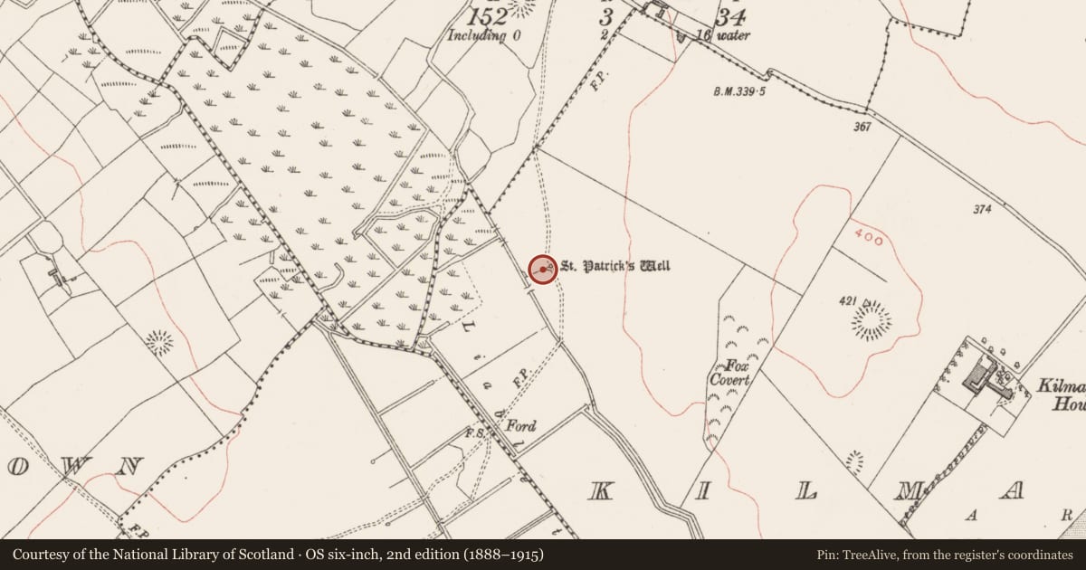 Ordnance Survey six-inch map, 2nd edition (1888–1915) covering the location of Ritual site - holy well, Kilmaglish, County Westmeath, with a pin at the register's coordinates