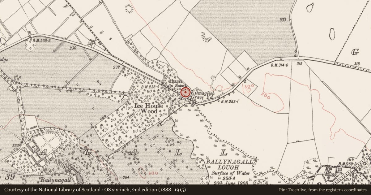 Ordnance Survey six-inch map, 2nd edition (1888–1915) covering the location of Graveyard, Kilmaglish, County Westmeath, with a pin at the register's coordinates