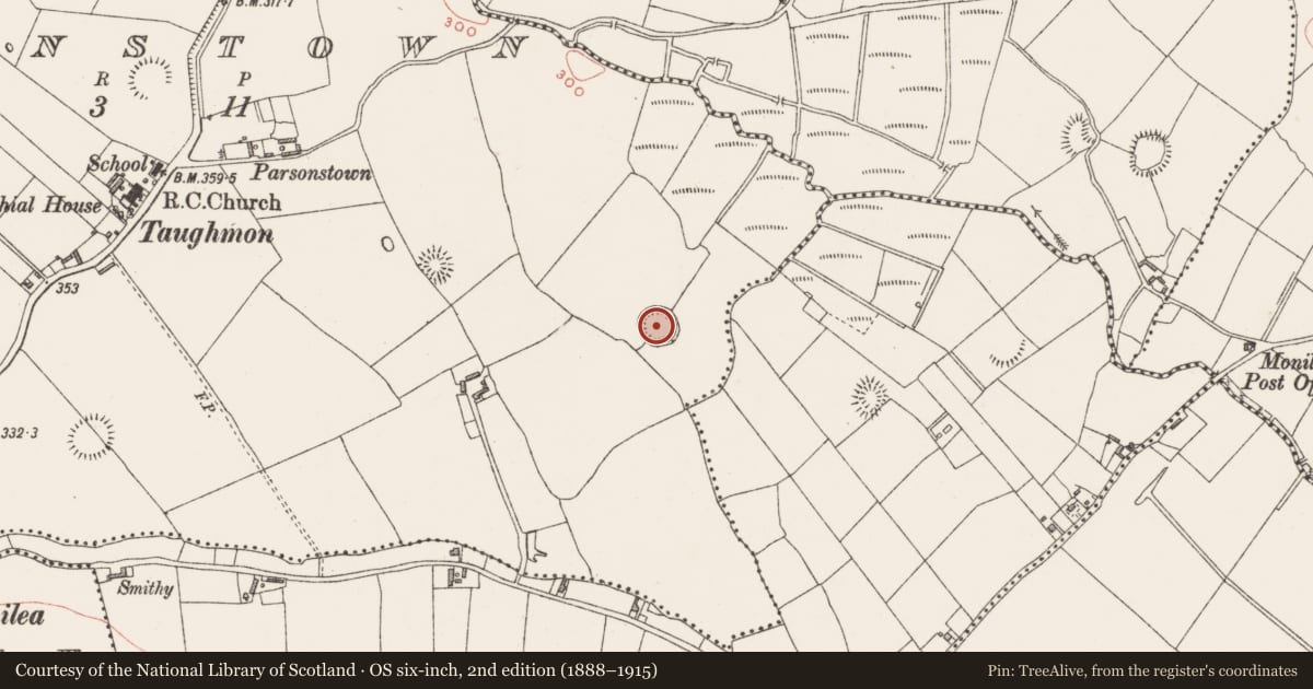 Ordnance Survey six-inch map, 2nd edition (1888–1915) covering the location of Ringfort - rath, Parsonstown, County Westmeath, with a pin at the register's coordinates
