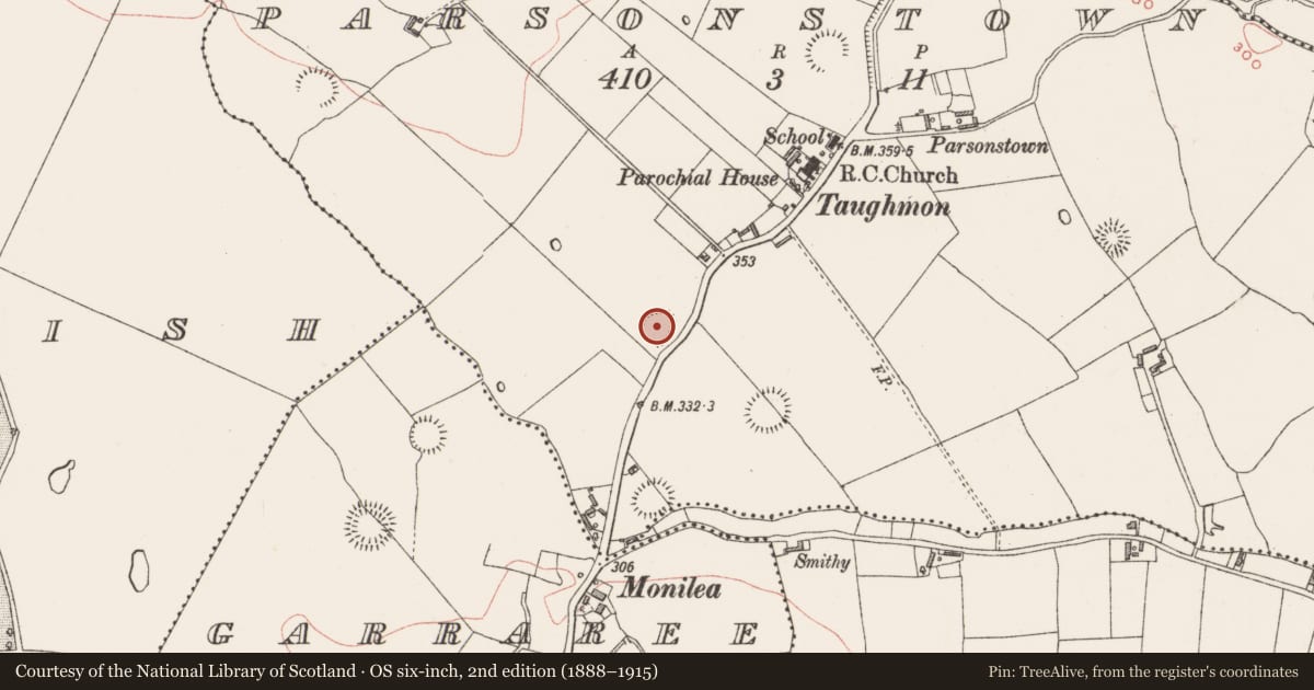 Ordnance Survey six-inch map, 2nd edition (1888–1915) covering the location of Ringfort - rath, Parsonstown, County Westmeath, with a pin at the register's coordinates