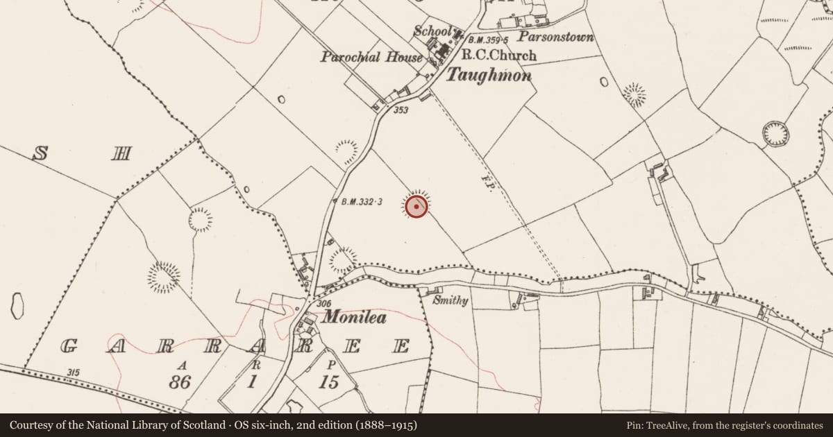 Ordnance Survey six-inch map, 2nd edition (1888–1915) covering the location of Ringfort - unclassified, Parsonstown, County Westmeath, with a pin at the register's coordinates