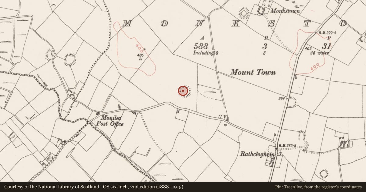 Ordnance Survey six-inch map, 2nd edition (1888–1915) covering the location of Ringfort - rath, Monkstown, County Westmeath, with a pin at the register's coordinates