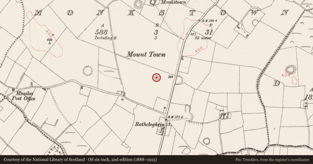 Ordnance Survey six-inch map, 2nd edition (1888–1915) covering the location of Ringfort - unclassified, Monkstown, County Westmeath, with a pin at the register's coordinates