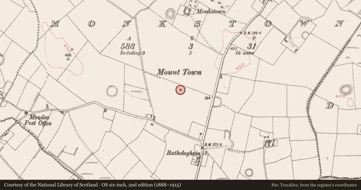 Ordnance Survey six-inch map, 2nd edition (1888–1915) covering the location of Moated site, Monkstown, County Westmeath, with a pin at the register's coordinates