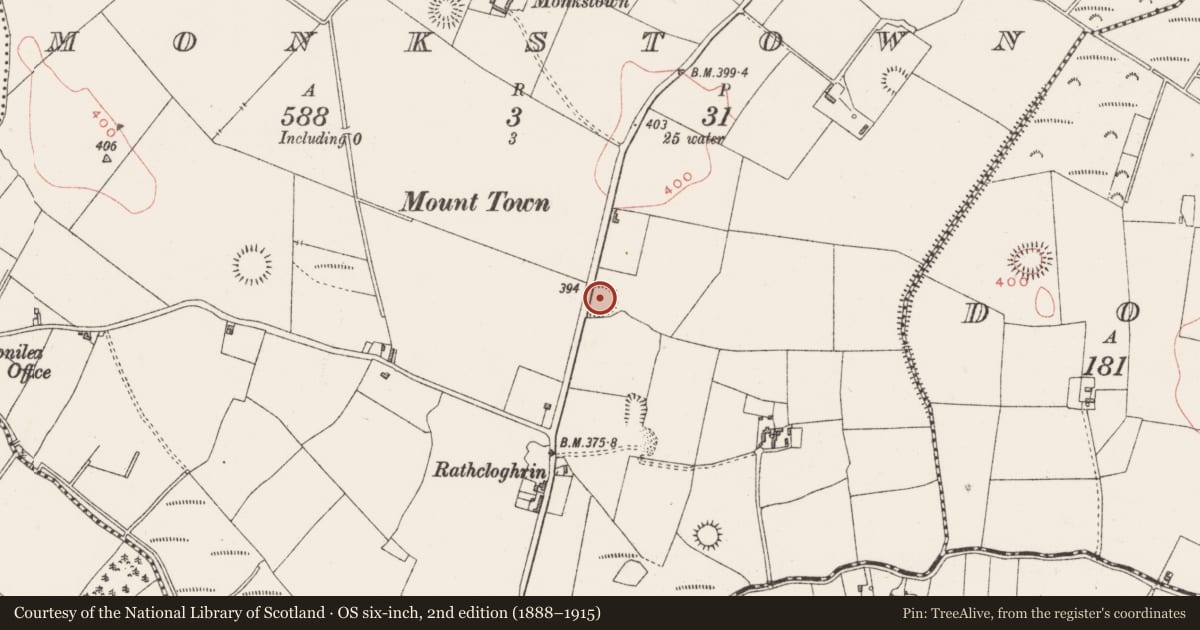 Ordnance Survey six-inch map, 2nd edition (1888–1915) covering the location of Ringfort - rath, Monkstown, County Westmeath, with a pin at the register's coordinates
