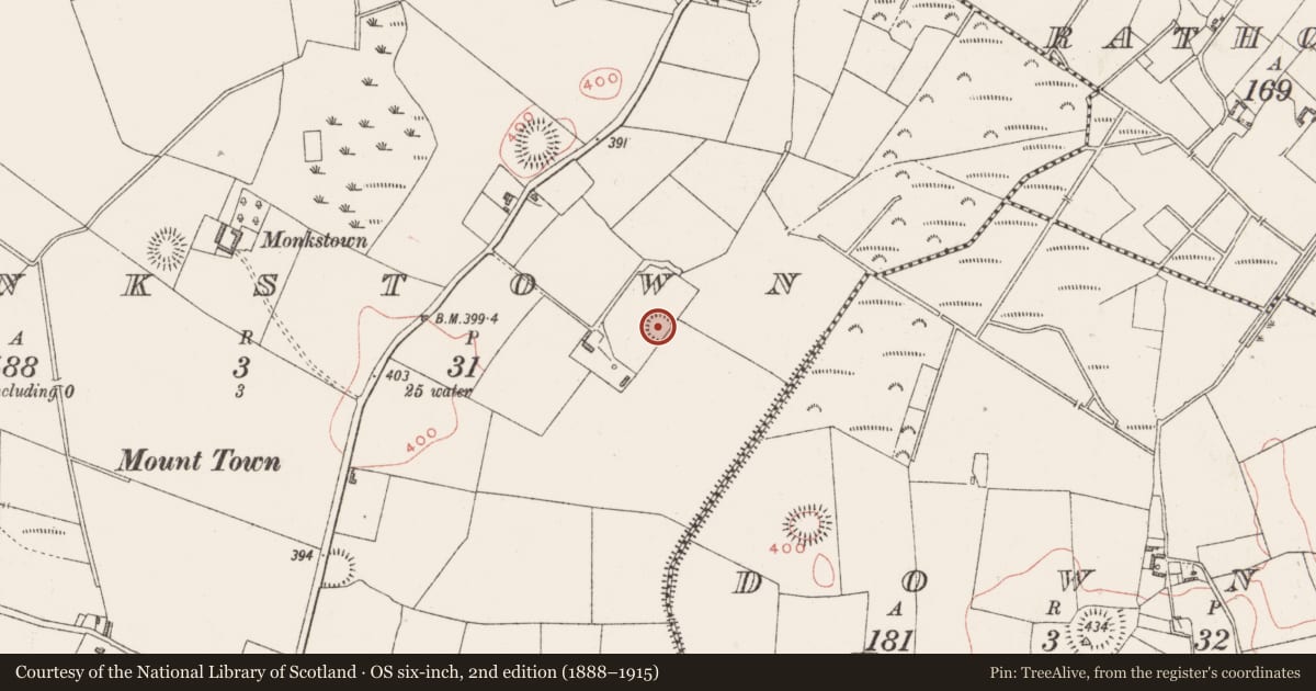 Ordnance Survey six-inch map, 2nd edition (1888–1915) covering the location of Ringfort - rath, Monkstown, County Westmeath, with a pin at the register's coordinates