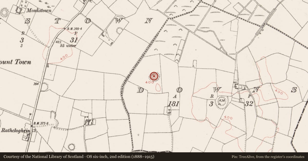 Ordnance Survey six-inch map, 2nd edition (1888–1915) covering the location of Ringfort - rath, Downs, County Westmeath, with a pin at the register's coordinates