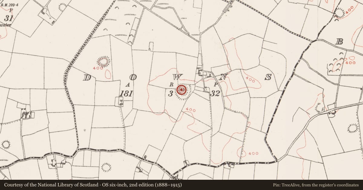Ordnance Survey six-inch map, 2nd edition (1888–1915) covering the location of Hut site, Downs, County Westmeath, with a pin at the register's coordinates