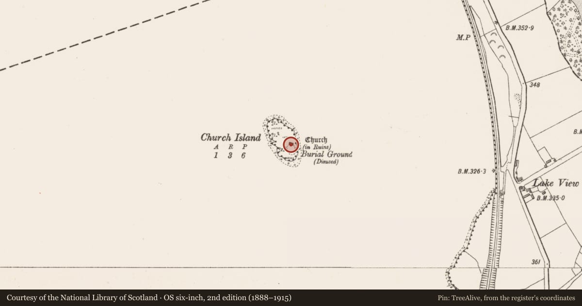 Ordnance Survey six-inch map, 2nd edition (1888–1915) covering the location of Church, Church Island (Lough Owel), County Westmeath, with a pin at the register's coordinates
