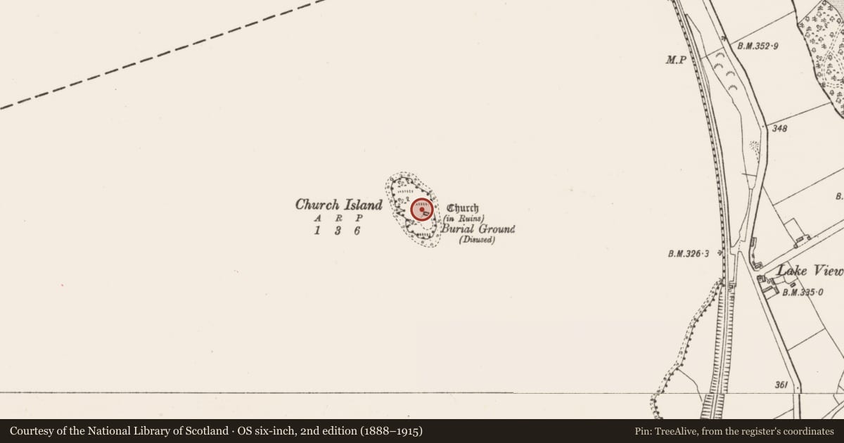 Ordnance Survey six-inch map, 2nd edition (1888–1915) covering the location of Cross, Church Island (Lough Owel), County Westmeath, with a pin at the register's coordinates