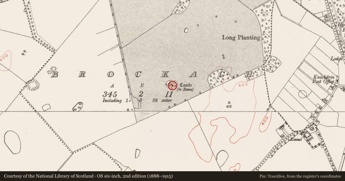 Ordnance Survey six-inch map, 2nd edition (1888–1915) covering the location of Castle - tower house, Brockagh, County Westmeath, with a pin at the register's coordinates